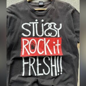 Stussy Black Tee with Red and White Graphic Rae vintage 1990’s vibe shirt